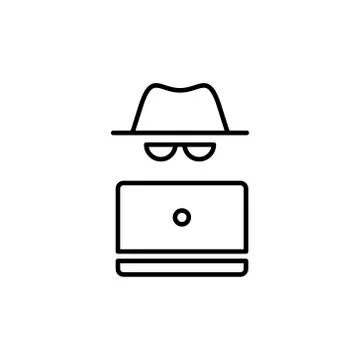Vector outline anonymous icon. Incognito face in hat and glasses with laptop Illustrazione stock