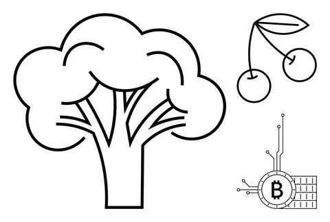 Vector Outline Art of Tree, Cherries, and Bitcoin Technology Illustrazione stock
