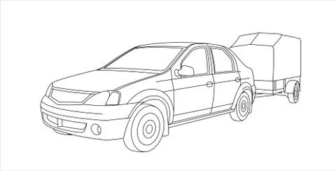 Vector Outline Car With Trailer, Front View, Three Quarter View. Stock Illustration