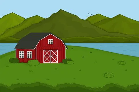 Vector outline cartoon summer spring landscape countryside scene with field h Stock Illustration