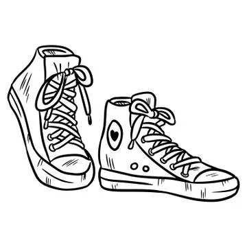 Vector outline coloring illustration of a pair of textile hipster sneakers wi Stock Illustration