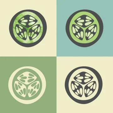 Vector outline cucumber slice icon with watercolor fill. Illustrazione stock