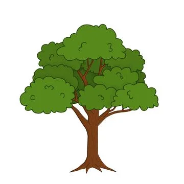 Vector outline doodle cartoon single bright green oak tree. Isolated hand dra Stock Illustration