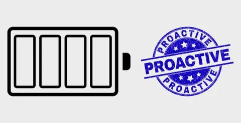 Vector Outline Electric Battery Icon and Scratched Proactive Stamp Seal Stock Illustration