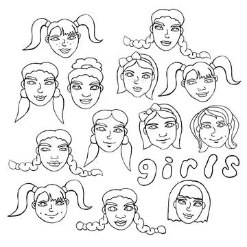 Vector outline face people. Hand drawn line art illustration. Heads of a girl Stock Illustration