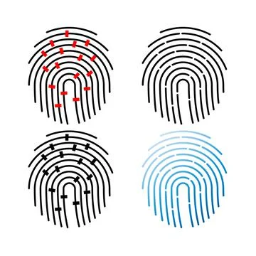 Vector outline fingerprint icon. Single thumbprint hand sign with dashed line Stock Illustration