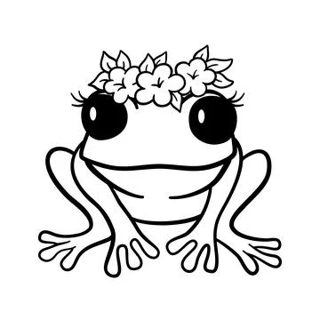 Vector outline frog with flowers on head isolated on white Stock Illustration