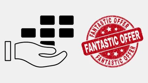 Vector Outline Hand Offer Bricks Icon and Scratched Fantastic Offer Stamp Stock Illustration
