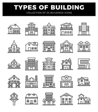Vector outline icons showcasing various architectural building types on a w.. Ilustración de archivo