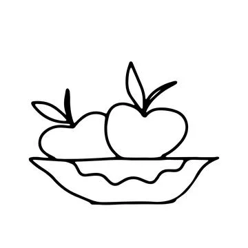 Vector outline illustration of two fresh apples with leaves isolated on a pla Stock Illustration