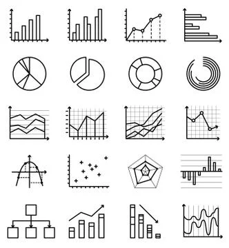 Vector outline isolated icons of graphs, schemes, schedules Stock Illustration