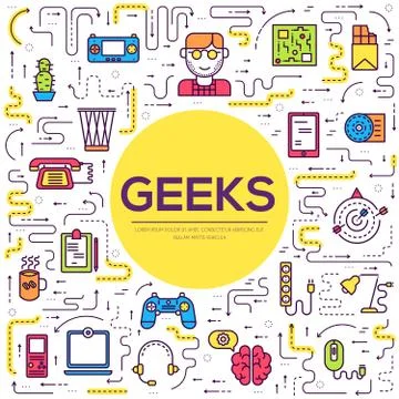 Vector outline it geeks people icons illustrations set. Flat thin line office Illustrazione stock