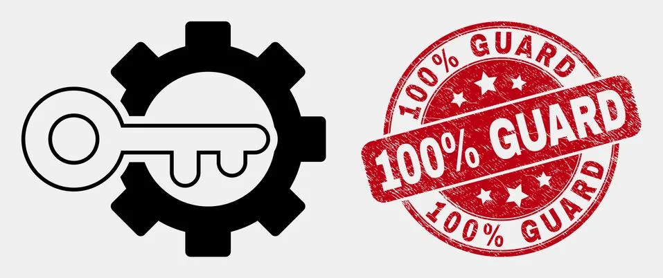 Vector Outline Key Options Gear Icon and Scratched 100% Guard Seal Stock Illustration