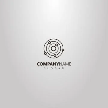  vector outline logo of line art planet with satellites Stock Illustration