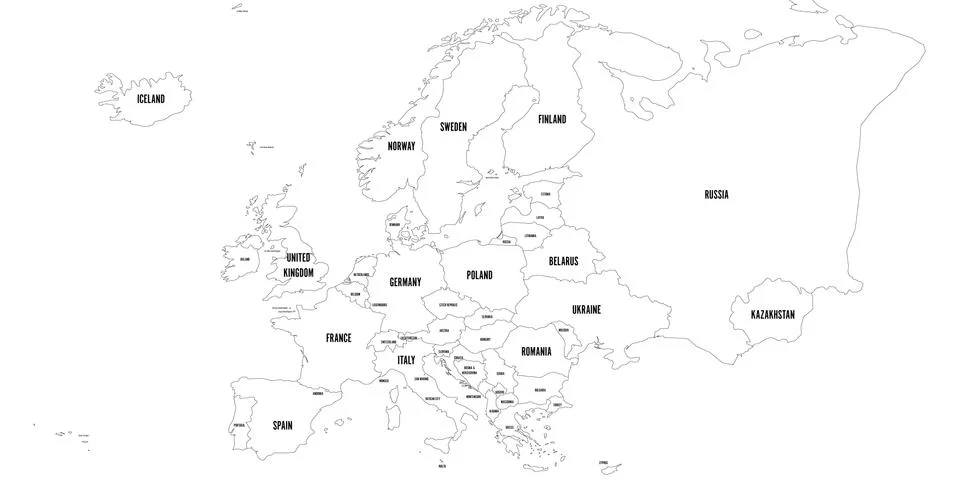 Vector outline map of Europe. Simplified vector map made of black state contours Illustrazione stock