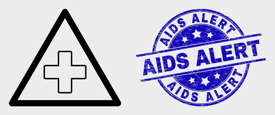 Vector Outline Medical Warning Triangle Icon and Scratched AIDS Alert Watermark Stock Illustration
