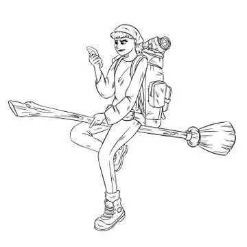 Vector outline of a modern flying backpacker witch Stock Illustration