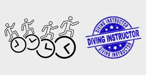 Vector Outline People Run Over Clocks Icon and Distress Diving Instructor イラスト素材