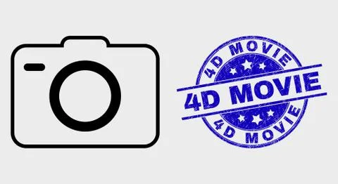 Vector Outline Photo Camera Icon and Scratched 4D Movie Stamp Seal Stock Illustration