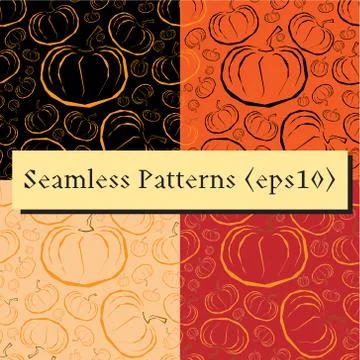 Vector outline pumpkins seamless patterns set. Pumpkin patch background. Stock Illustration