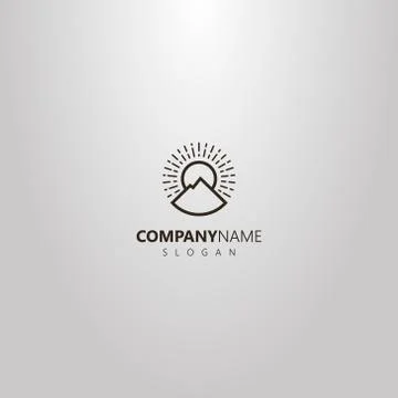 Vector outline round logo of line art mountain landscape and sun rays Stock Illustration