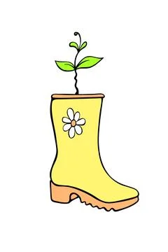 Vector outline rubber rain boot with plant sprout, seedling. Cute seasonal sp Illustration
