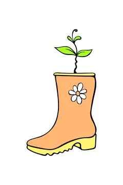 Vector outline rubber rain boot with plant sprout, seedling. Cute seasonal .. Illustration