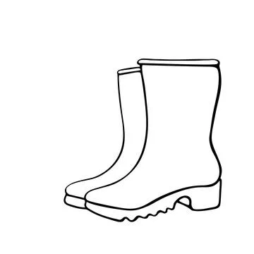 Vector outline rubber rain boots for rainy weather or gardening. Hand drawn e Stock Illustration