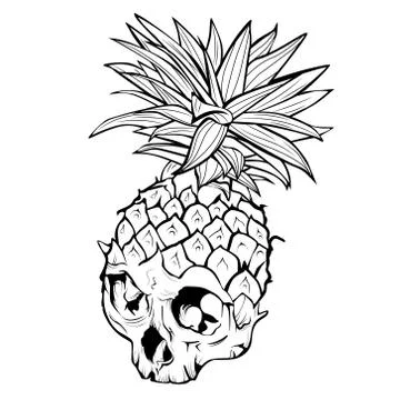 Vector outline skull pineapple. Countour of Exotic tropical fruit. Sketch,pri Stock Illustration