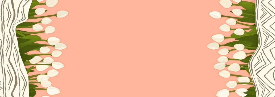 Vector outline spring concept. Bouquet of white tulips on isolated pink peach Stock Illustration
