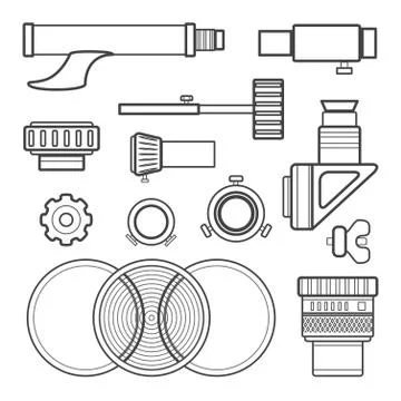 Vector outline telescope accessories collection. Stock Illustration