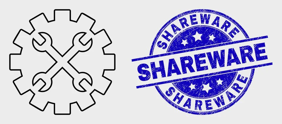 Vector Outline Tools Gear Icon and Scratched Shareware Watermark Stock Illustration