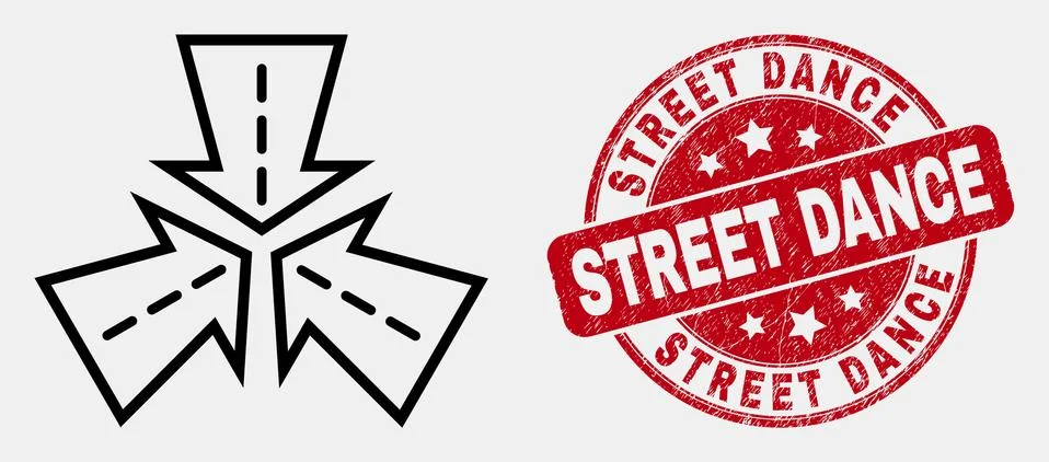 Vector Outline Triple Roads Intersection Icon and Distress Street Dance Stock Illustration