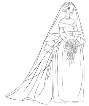 Vector outlined bride with veil and bouquet Stock Illustration