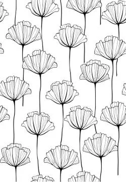 Vector outlined hand drawn flowers seamless pattern. Stock Illustration