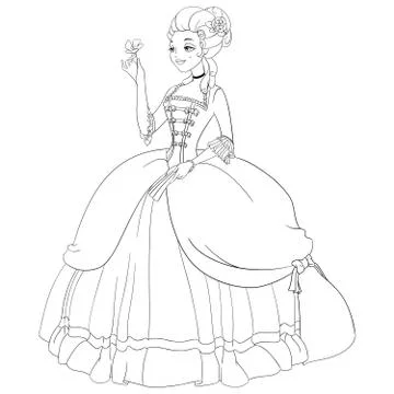 Vector outlined lady in antique rococo dress Stock Illustration
