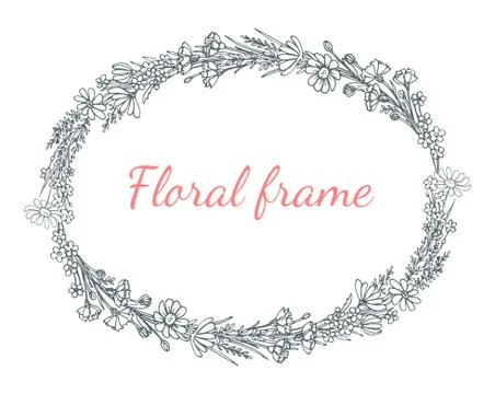 Vector oval floral frame on a white background with the words "floral frame" in Stock Illustration
