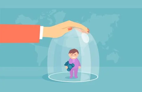 Vector of an overprotective mother keeping a child in a glass dome Stock Illustration