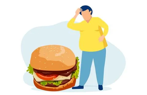 Vector of an overweight young man craving a fatty cheeseburger Stockillustratie