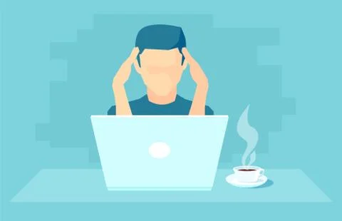 Vector of an overworked man working on laptop feeling under stress Stock Illustration