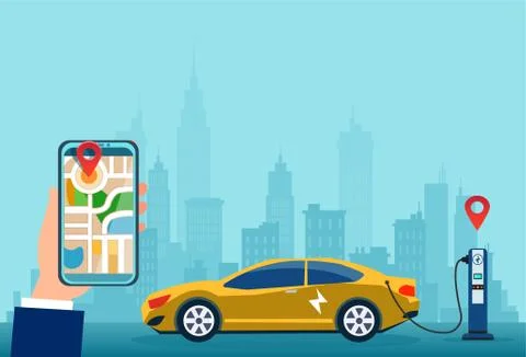 Vector of an owner of the electric car using smart phone to locate charging s Stock Illustration
