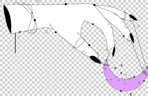 Vector pale hand with nails is pinching purple crescent moon with floating dots, Stock Illustration