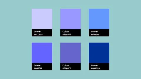 A vector palette featuring six shades of blue and purple, each displayed in.. Stockillustratie