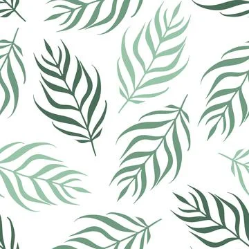 Vector Palm Tree Leaves in Sage Green Color on White seamless pattern background Stock Illustration