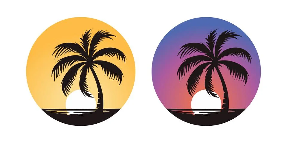 Vector Palm Trees, Palm Tree Icon Set Isolated. Palm Silhouettes on Sunset Stock Illustration