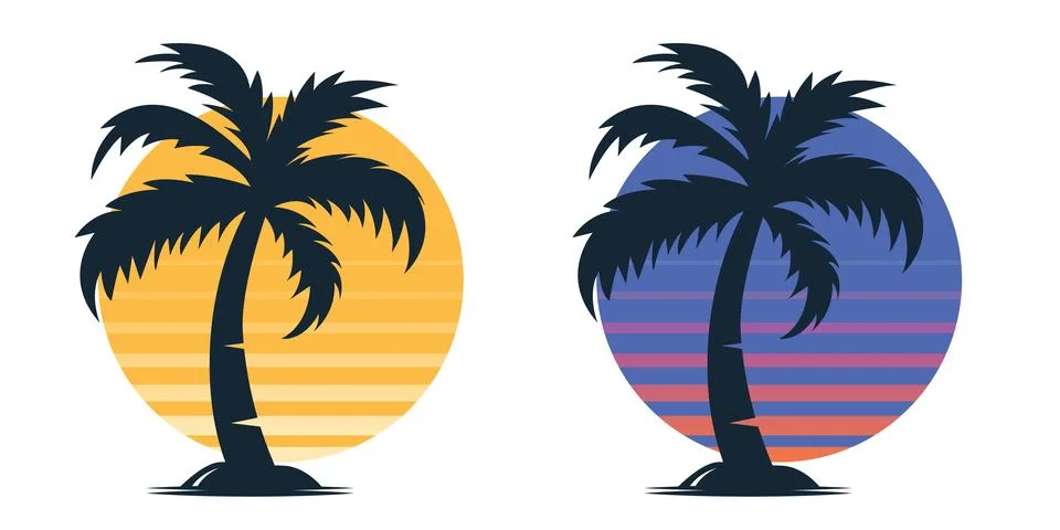 Vector Palm Trees, Palm Tree Icon Set Isolated. Palm Silhouettes on Sunset Illustrazione stock