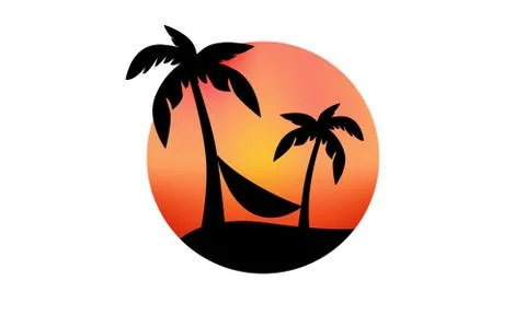 Vector of palm trees silhouette with hammock against sky with sunset Stock Illustration