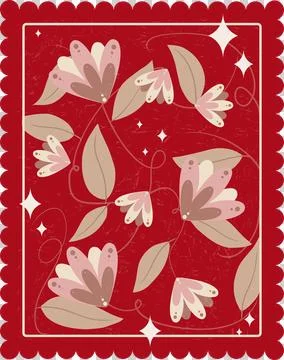 Vector panel is featuring scalloped red border, looping cream vines, pink Stock Illustration
