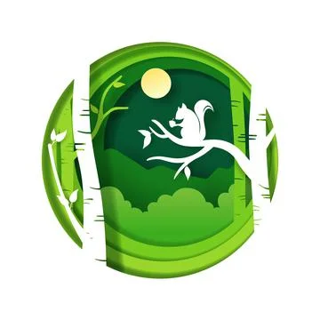 Vector paper art and digital craft style of Green forest  and Squirrel with c Stock Illustration