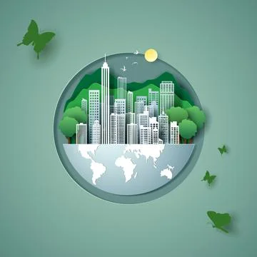 Vector paper art and digital craft style of world wildlife and eco green city Stock Illustration